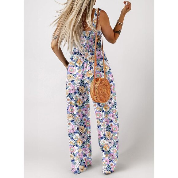 Muted Floral Pattern Smocked Top Sleeveless Jumpsuit Pink Purple - Picture 3 of 3